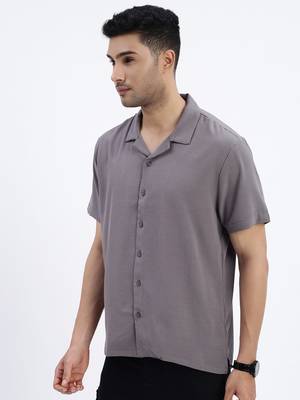 men's grey solid cuban collar relaxed fit shirt 3