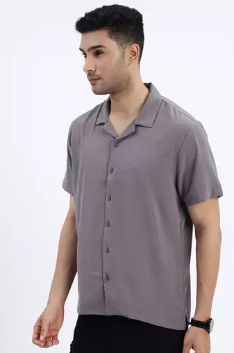 men's grey solid cuban collar relaxed fit shirt