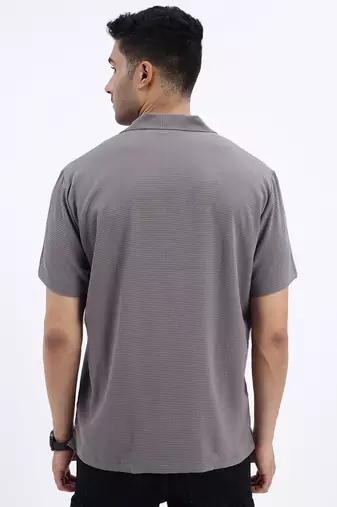 men's grey solid cuban collar relaxed fit shirt