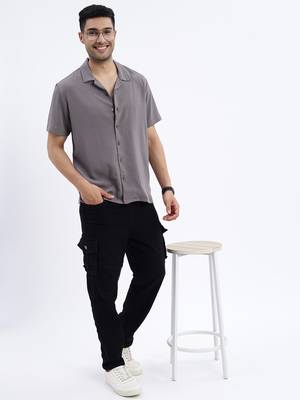 men's grey solid cuban collar relaxed fit shirt 5