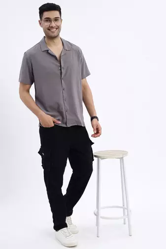 men's grey solid cuban collar relaxed fit shirt