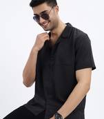 men's black solid cuban collar relaxed fit shirt
