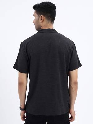 men's black solid cuban collar relaxed fit shirt 4