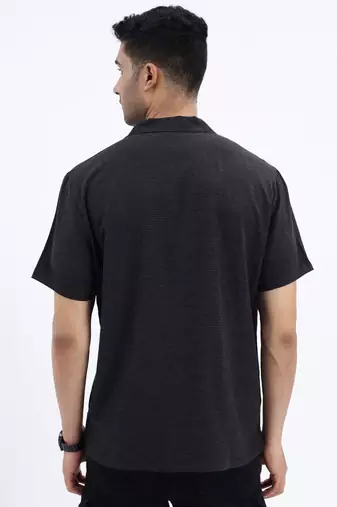 men's black solid cuban collar relaxed fit shirt