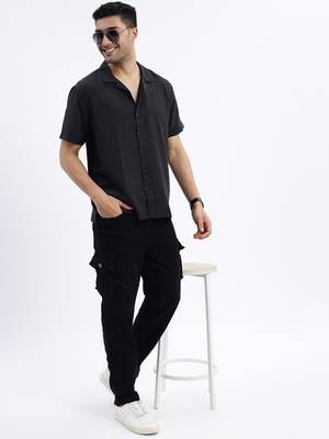 men's black solid cuban collar relaxed fit shirt 5