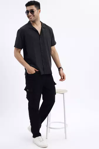 men's black solid cuban collar relaxed fit shirt