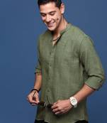 Showoff men's mandarin collar solid green slim fit shirt