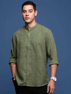 Showoff men's mandarin collar solid green slim fit shirt 2