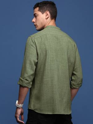 Showoff men's mandarin collar solid green slim fit shirt 4