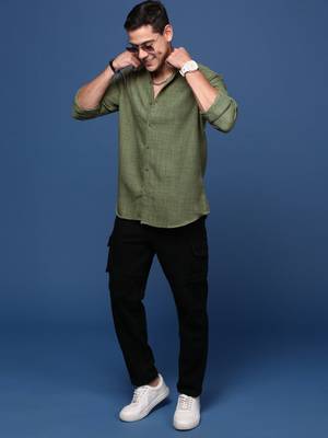 Showoff men's mandarin collar solid green slim fit shirt 5