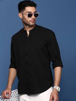 men's mandarin collar solid black slim fit shirt 1