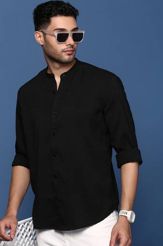 men's mandarin collar solid black slim fit shirt