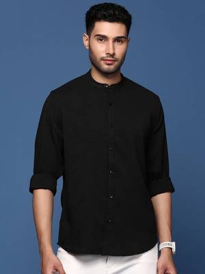 men's mandarin collar solid black slim fit shirt 2