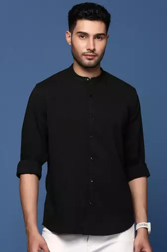 men's mandarin collar solid black slim fit shirt