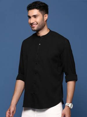 men's mandarin collar solid black slim fit shirt 3
