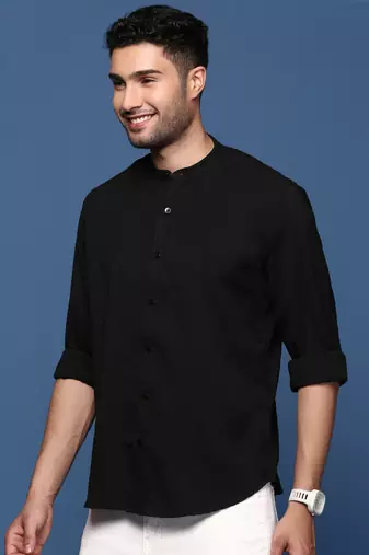 men's mandarin collar solid black slim fit shirt