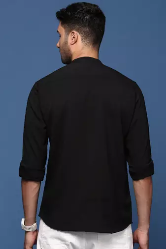 men's mandarin collar solid black slim fit shirt