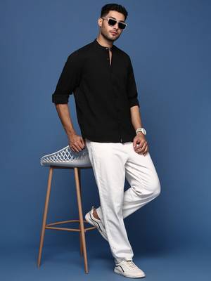 men's mandarin collar solid black slim fit shirt 5