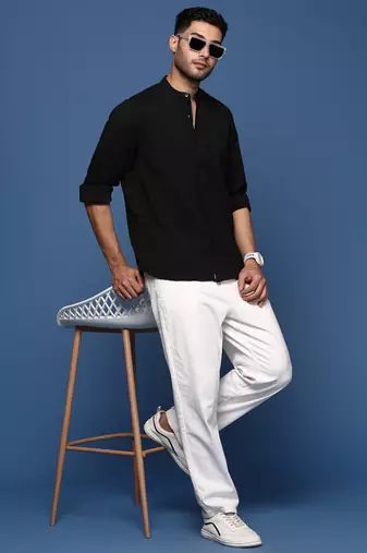men's mandarin collar solid black slim fit shirt