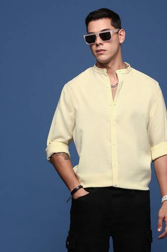 men's mandarin collar solid yellow slim fit shirt