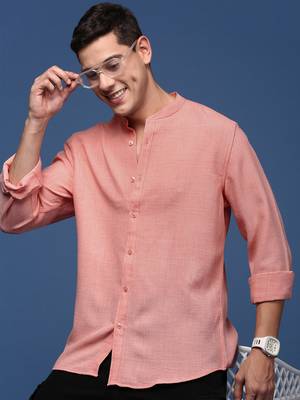 men's mandarin collar solid peach slim fit shirt 1