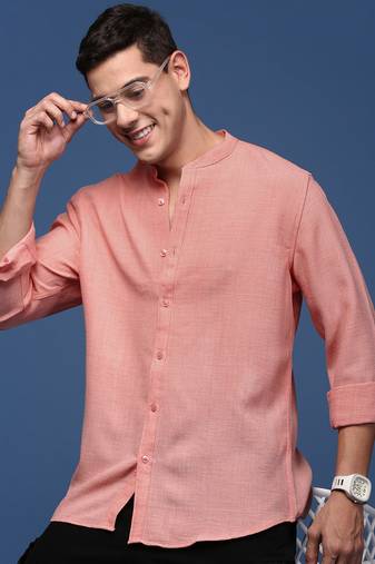 men's mandarin collar solid peach slim fit shirt