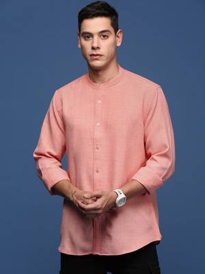 men's mandarin collar solid peach slim fit shirt 2
