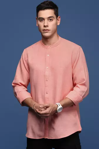 men's mandarin collar solid peach slim fit shirt