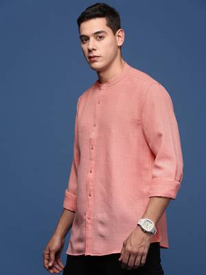 men's mandarin collar solid peach slim fit shirt 3