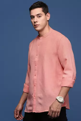 men's mandarin collar solid peach slim fit shirt