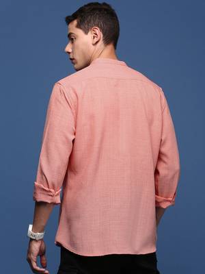 men's mandarin collar solid peach slim fit shirt 4