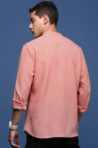 men's mandarin collar solid peach slim fit shirt