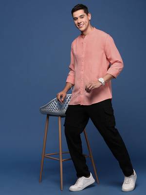 men's mandarin collar solid peach slim fit shirt 5