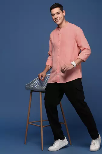 men's mandarin collar solid peach slim fit shirt