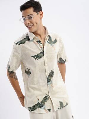 Showoff men's short sleeves animal slim fit cream shirt 1