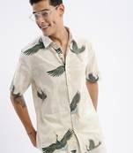 Showoff men's short sleeves animal slim fit cream shirt
