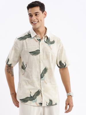 Showoff men's short sleeves animal slim fit cream shirt 2