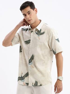 Showoff men's short sleeves animal slim fit cream shirt 3