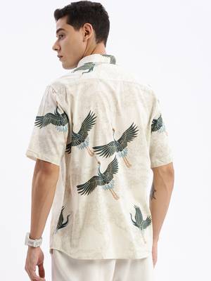 Showoff men's short sleeves animal slim fit cream shirt 4