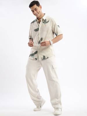 Showoff men's short sleeves animal slim fit cream shirt 5