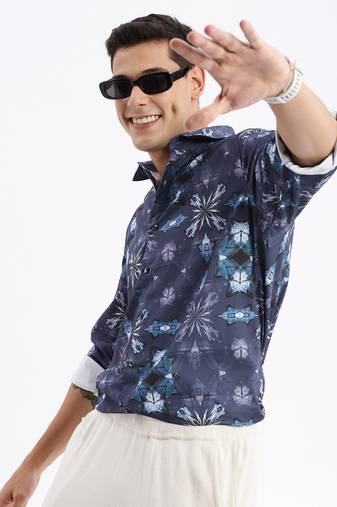 men's long sleeves abstract slim fit blue shirt