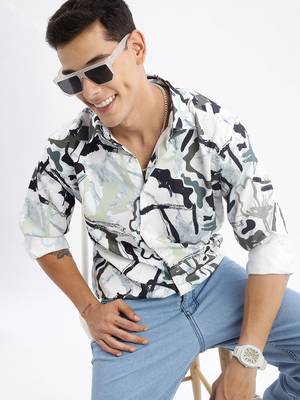 men's long sleeves abstract slim fit sea green shirt 1