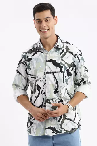 men's long sleeves abstract slim fit sea green shirt