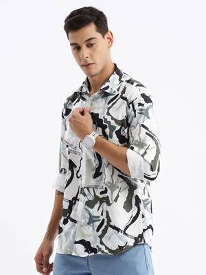 men's long sleeves abstract slim fit sea green shirt 3