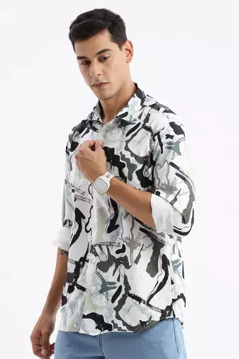 men's long sleeves abstract slim fit sea green shirt
