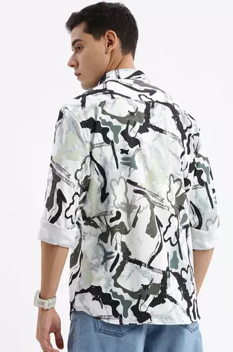 men's long sleeves abstract slim fit sea green shirt