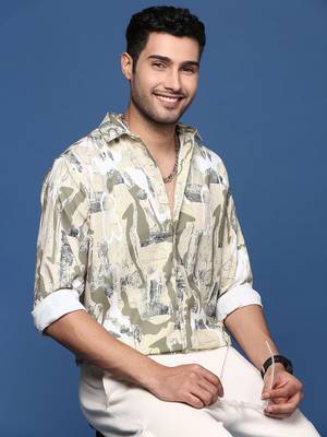 men's abstract slim fit beige shirt 1