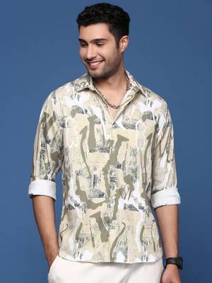 men's abstract slim fit beige shirt 2
