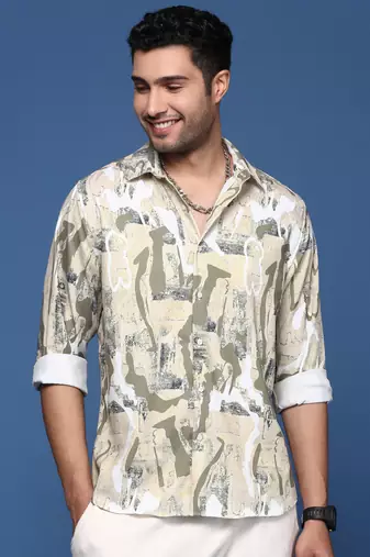 men's abstract slim fit beige shirt