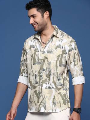 men's abstract slim fit beige shirt 3